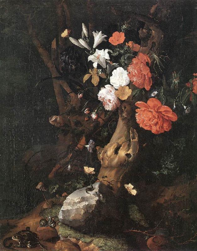 RUYSCH, Rachel Flowers on a Tree Trunk af Sweden oil painting art